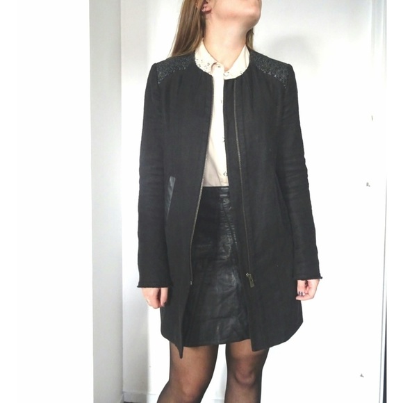 Maje Black Long Lambskin Jacket 36 S - Picture 1 of 13